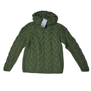 NWT Aran Woollen Mills Sweater Womens Small Green Merino Wool Irish Cable Knit